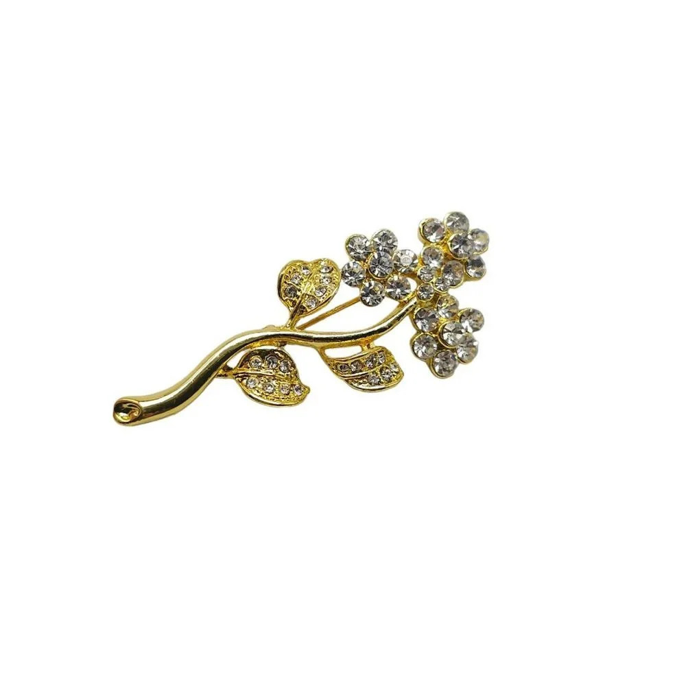 Clear Rhinestone Flower Bouquet Branch Brooch Pin Gold Tone Vintage